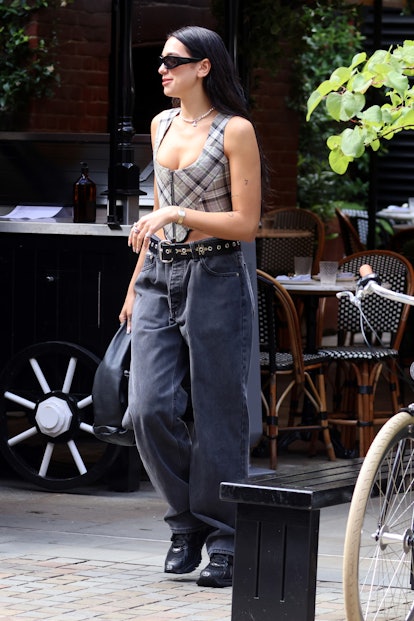 Dua Lipa in low rise jeans and bustier