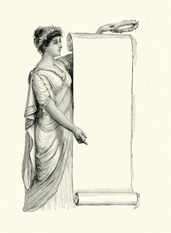 Vintage illustration, Woman in classical Ancient Greek, Roman, Dress, holding blank scroll and Laure...