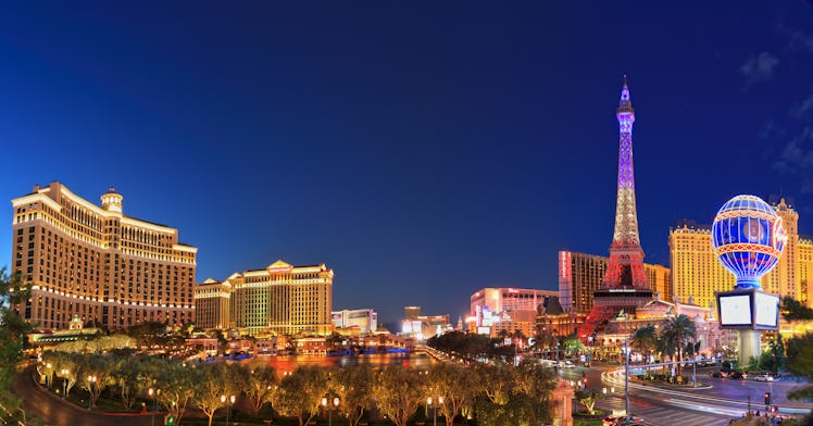 Paris Las Vegas and Bellagio hotel and casino at Las Vegas Strip at night