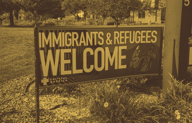 Roseville, Minnesota, Immigrant and refugees welcome sign at local church. (Photo by: Michael Siluk/...