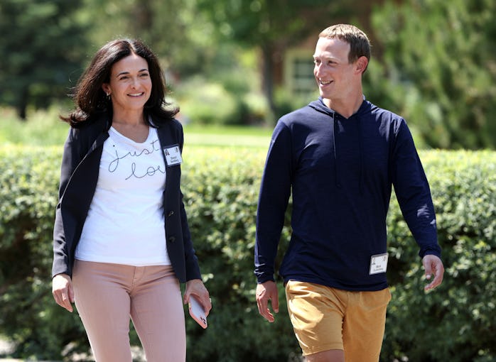 SUN VALLEY, IDAHO - JULY 09: CEO of Facebook Mark Zuckerberg walks with COO of Facebook Sheryl Sandb...