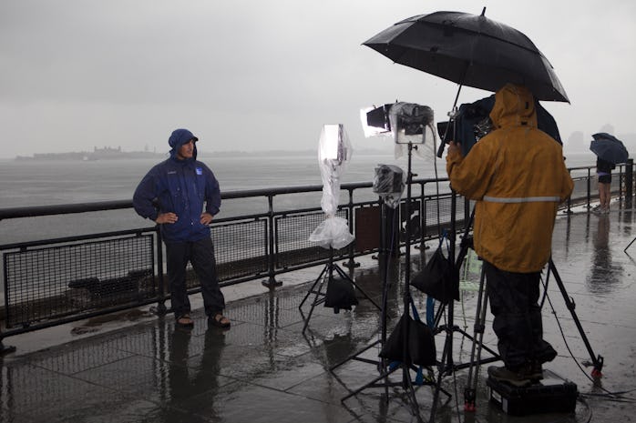 NEW YORK - AUGUST 27:  In this handout image provided by The Weather Channel, Jim Cantore an On-Came...