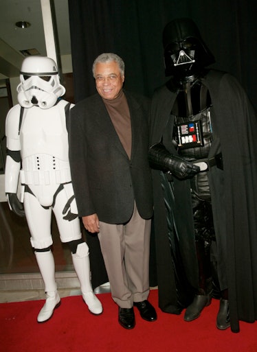 James Earl Jones poses with Darth Vader at a benefit pre-party & premiere of "Star Wars Episode II: ...