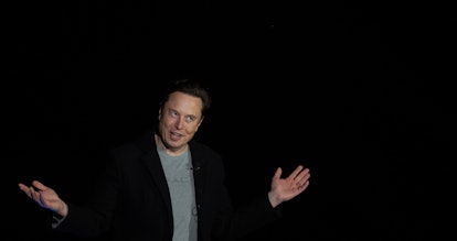 Elon Musk gestures as he speaks during a press conference at SpaceX's Starbase facility near Boca Ch...