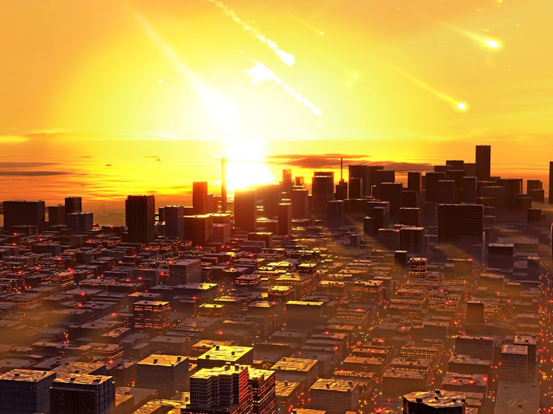 In this cataclysmic scene, a city suffers a near-miss as an asteroid strikes in the distance. The ef...