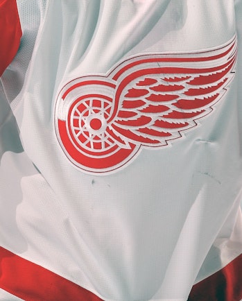 PHILADELPHIA, PA - FEBRUARY 16:  A view of the logo of the Detroit Red Wings on a player's jersey du...