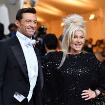 Australian actor Hugh Jackman and his wife Deborra-Lee Furness arrive for the 2022 Met Gala at the M...