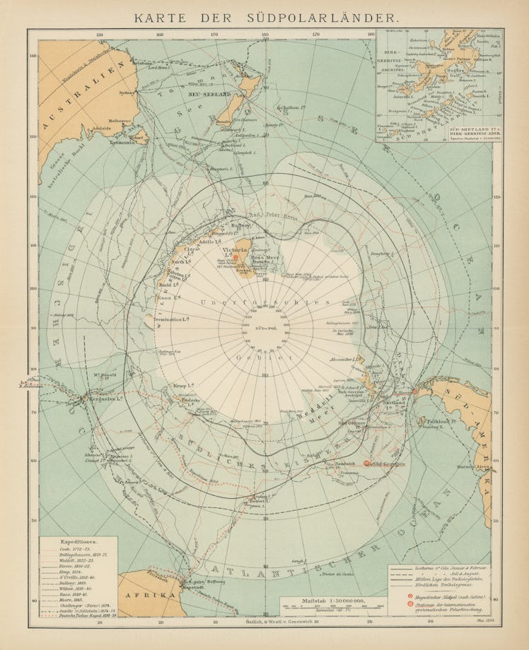 An antique illustrated map of the world with the south polar areas