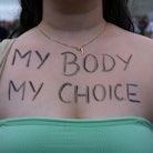 WASHINGTON, DISTRICT OF COLUMBIA, UNITED STATES - 2022/05/14: An abortion rights demonstrator has th...