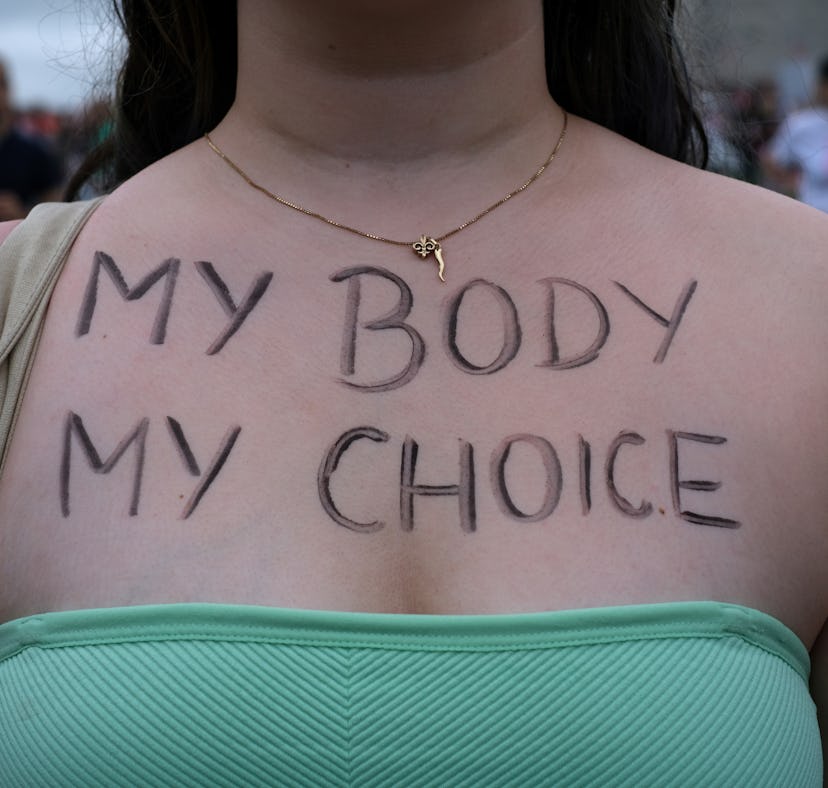 WASHINGTON, DISTRICT OF COLUMBIA, UNITED STATES - 2022/05/14: An abortion rights demonstrator has th...