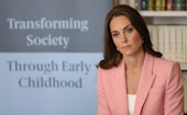 Britain's Catherine, Duchess of Cambridge reacts as she hosts a roundtable with other members of the...