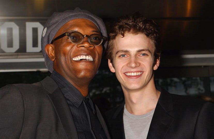 Hayden Christensen (right) and Samuel L Jackson arrive for the charity premiere of Star Wars: Episod...