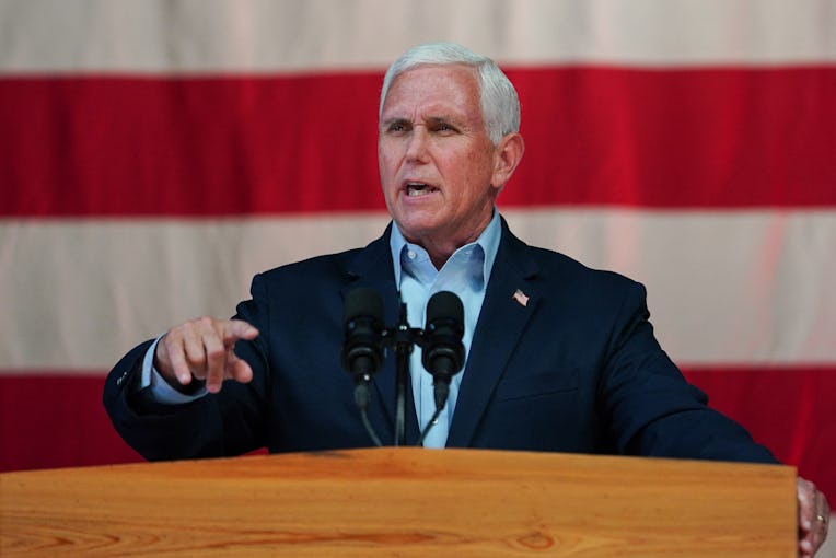 Former Vice President Mike Pence speaks at a campaign event for Georgia Governor Brian Kemp on the e...