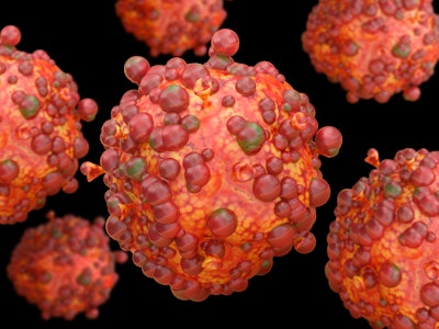 Computer generated image of multiple monkeypox viruses.Monkeypox is a viral zoonosis (a virus transm...