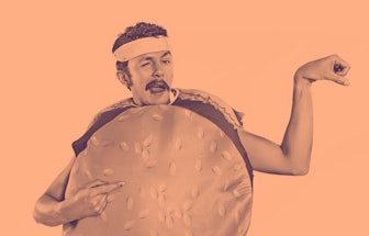 Burger man showing muscles