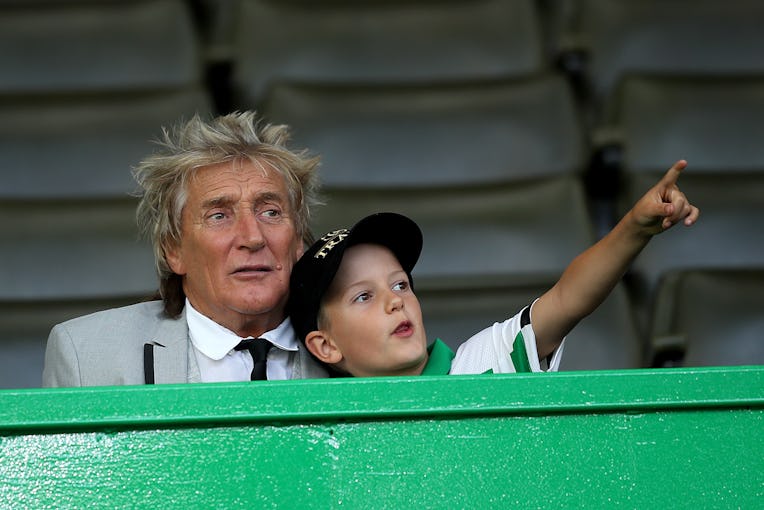 Rod Stewart in the stands with son Aiden during the UEFA Champions League third qualifying round sec...