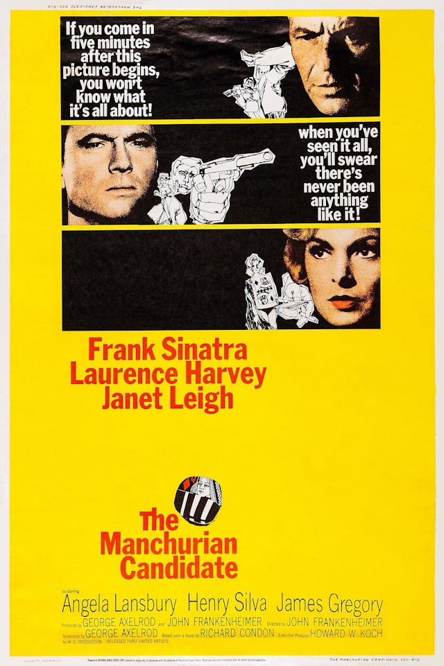 The Manchurian Candidate, poster, from top: Frank Sinatra, Laurence Harvey, Janet Leigh on poster ar...