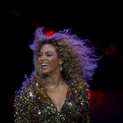 GLASTONBURY, ENGLAND - JUNE 26: Beyonce performs on the main Pyramid Stage at the 2011 Glastonbury F...
