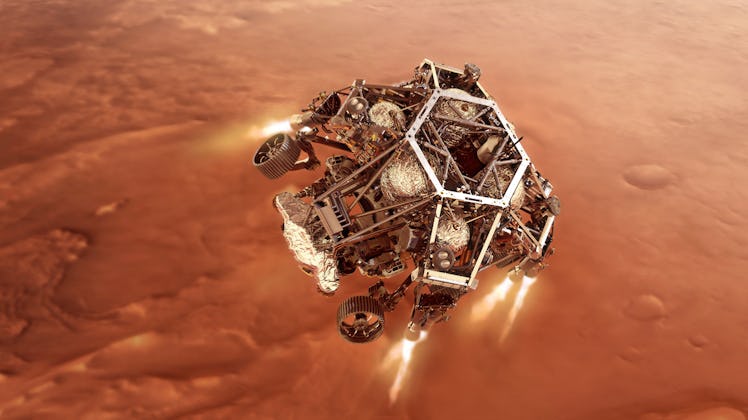 UNSPECIFIED: In this concept illustraion provided by NASA, NASA’s Perseverance rover fires up its de...
