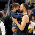 Steph Curry holding his son. Ayesha Curry, Steph's wife, shared a video of her 3-year-old son dribbl...