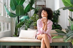 woman at home - Pretty south american with curly hair female portrait, lifestyle and domestic life s...