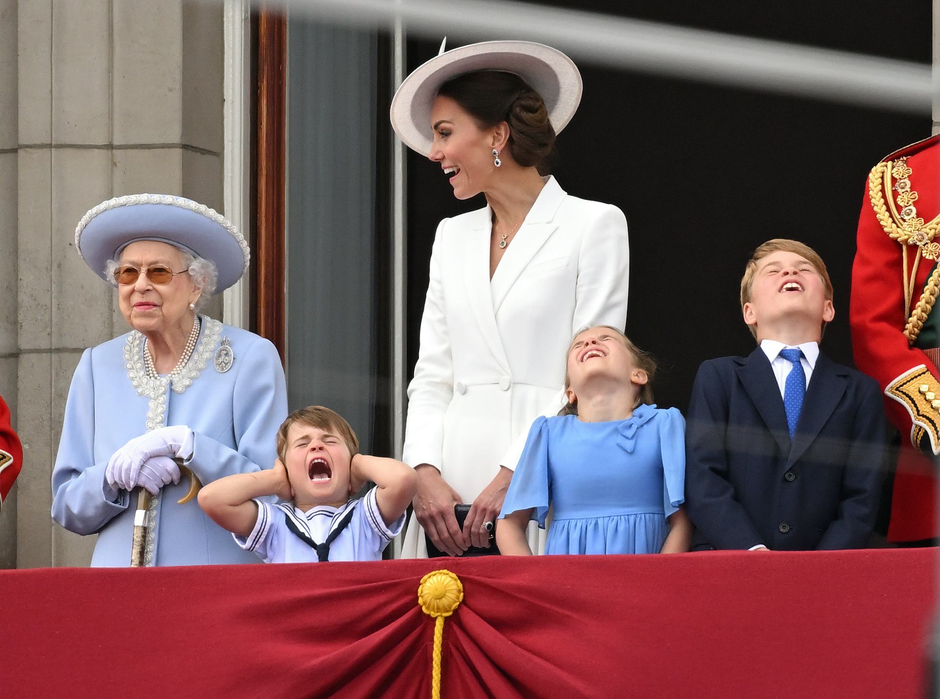 LONDON, ENGLAND - JUNE 02: (L-R) Queen Elizabeth II, Prince Louis, Catherine, Duchess of Cambridge, ...