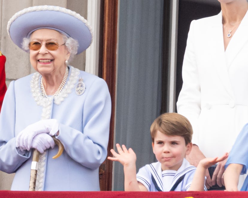 LONDON, ENGLAND - JUNE 02: Queen Elizabeth II and Prince Louis of Cambridge during Trooping the Colo...