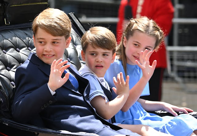 Prince George, Prince Louis and Princess Charlotte during Trooping the Colour on June 02, 2022 in Lo...