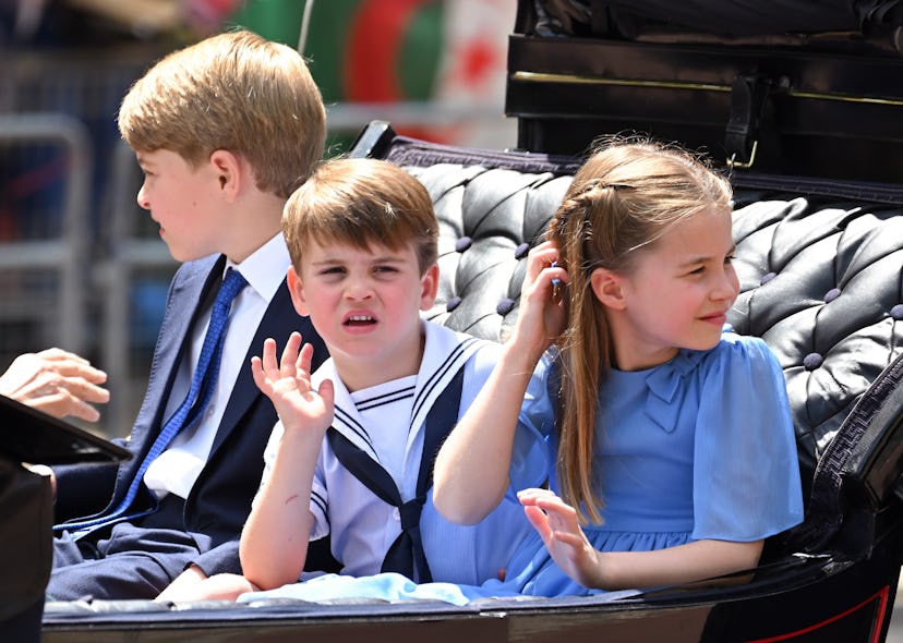 LONDON, ENGLAND - JUNE 02: Prince George, Prince Louis and Princess Charlotte during Trooping the Co...