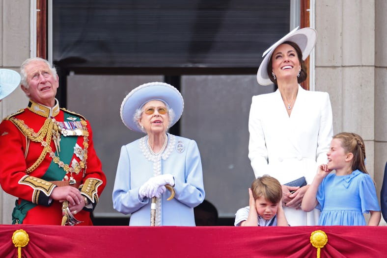 Prince Charles, Queen Elizabeth II, Prince Louis, Kate Middleton, and Princess Charlotte attend the ...