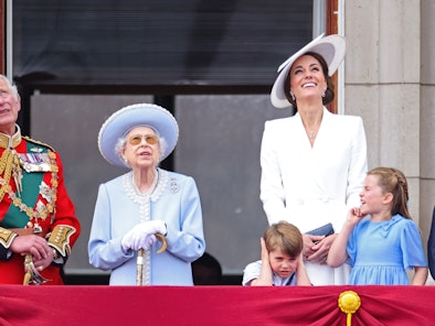 Prince Charles, Queen Elizabeth II, Prince Louis, Kate Middleton, and Princess Charlotte attend the ...