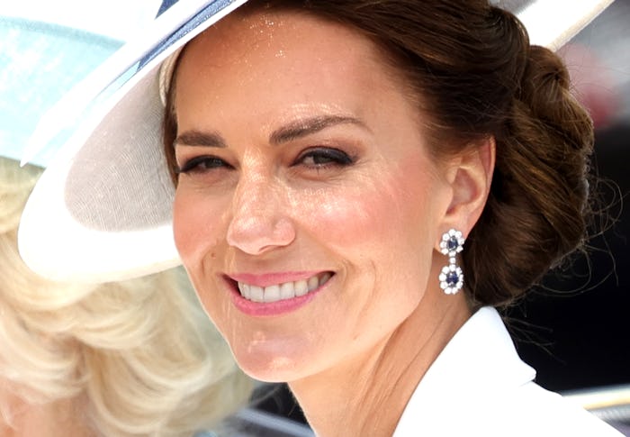 Catherine, Duchess of Cambridge rides in the carriage during Trooping The Colour on June 02, 2022 in...