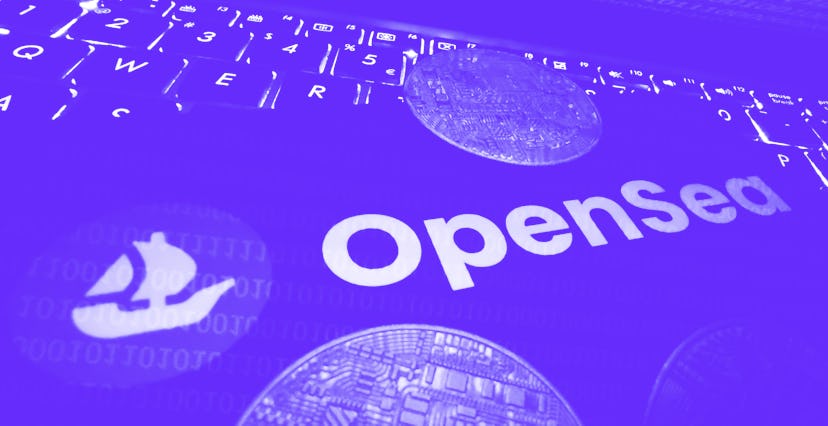 OpenSea logo displayed on a phone screen and representation of cryptocurrencies are seen in this ill...