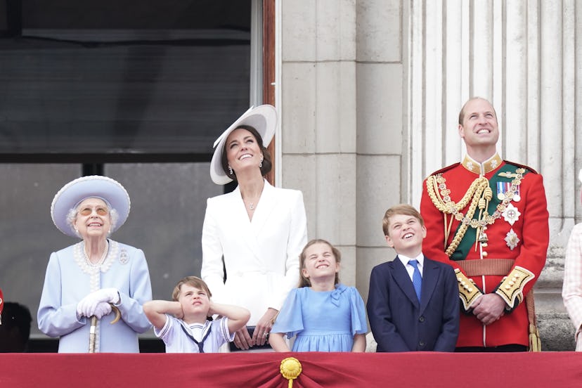 Queen Elizabeth II, Prince Louis, the Duchess of Cambridge, Princess Charlotte, Prince George, and t...
