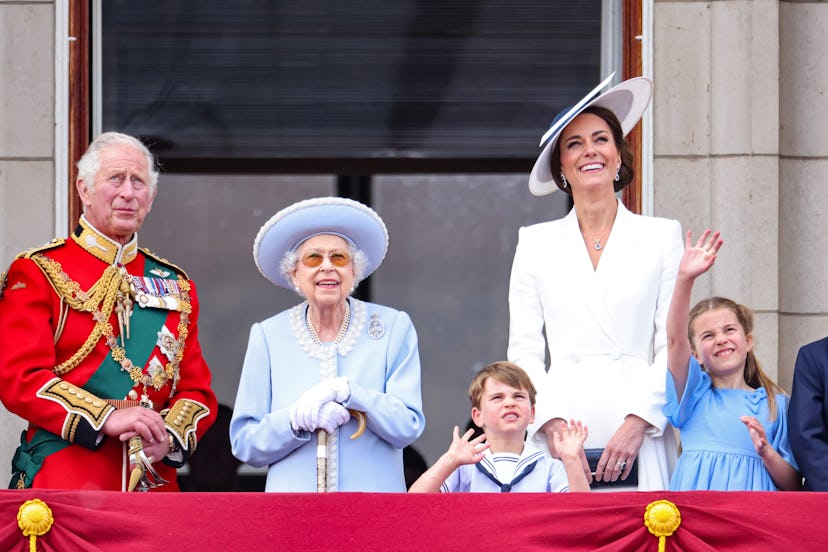 Prince Charles, Queen Elizabeth II, Prince Louis, Kate Middleton, and Princess Charlotte watch the R...