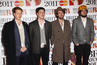 LONDON, ENGLAND - FEBRUARY 15: Ted Dwane, Ben Lovett, Marcus Mumford and Winston Marshall of Mumford...