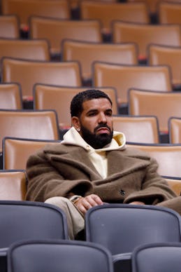 TORONTO, ON - FEBRUARY 01: Toronto rapper Drake speaks  during the first half of NBA game between th...