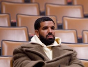 TORONTO, ON - FEBRUARY 01: Toronto rapper Drake speaks  during the first half of NBA game between th...