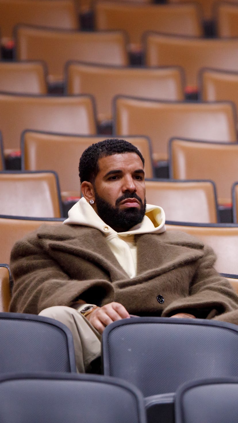 TORONTO, ON - FEBRUARY 01: Toronto rapper Drake speaks  during the first half of NBA game between th...