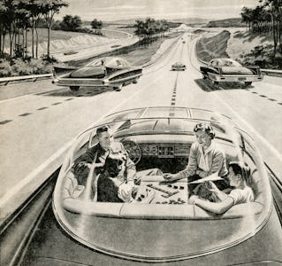 Vintage illustration of a family of four playing a board game, while their futuristic electric car a...