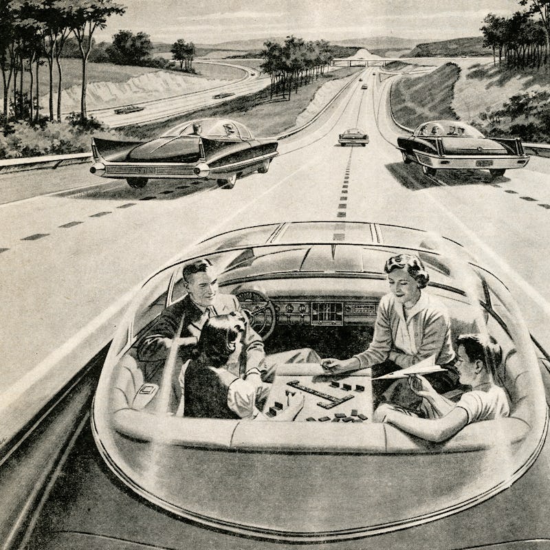 Vintage illustration of a family of four playing a board game, while their futuristic electric car a...