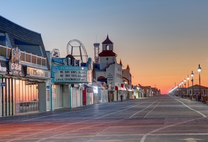 Ocean City, New Jersey, Morning view of the 3 mile long boardwalk lined with hotels, restaurants, ba...