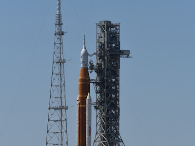 CAPE CANAVERAL, FL - APRIL 8: The Artemis 1 Moon rocket with the Orion capsule sits on Launch Pad 39...