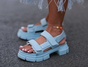 MUNICH, GERMANY - JULY 20: Karin Teigl wearing blue Ganni sandals on July 20, 2021 in Munich, German...