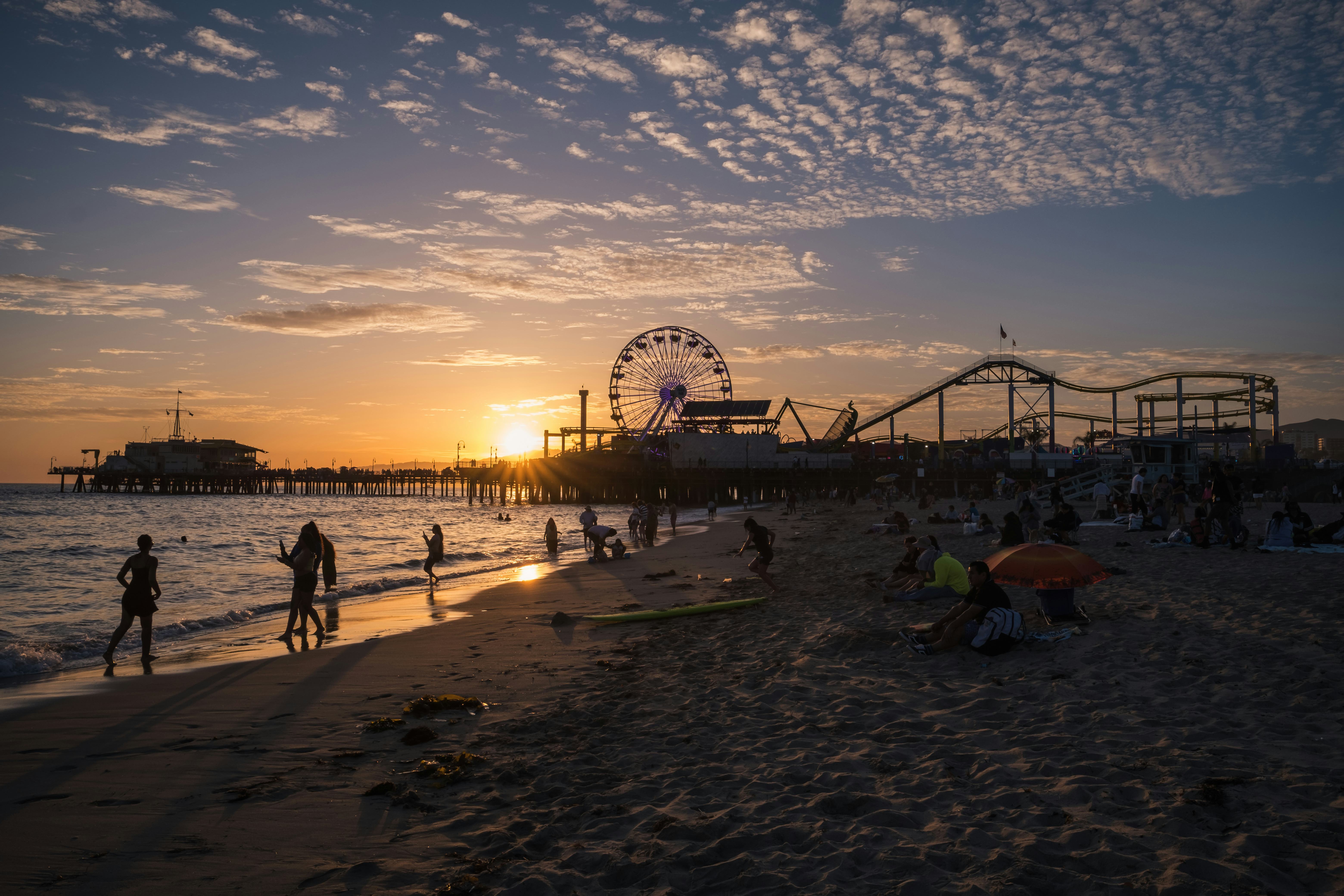 Los Angeles, USA - May 14th, 2022: The famous Santa Monica beach at sunset.