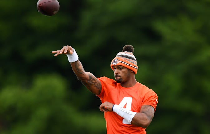 BEREA, OH - JUNE 14: Deshaun Watson #4 of the Cleveland Browns throws a pass during the Cleveland Br...