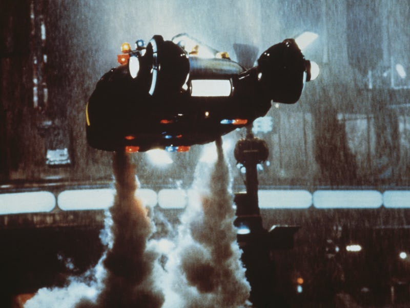 A 'Spinner' flying car takes off in a scene from Ridley Scott's futuristic thriller 'Blade Runner', ...