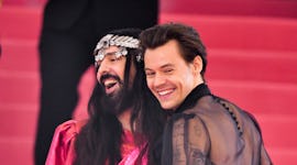 Gucci HA HA HA designers Harry Styles and Gucci creative director Alessandro Michele wear Harry Styl...