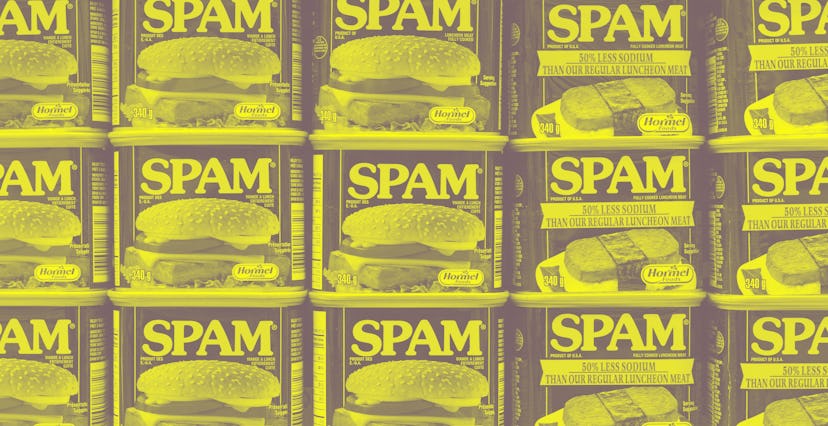 TORONTO, ONTARIO, CANADA - 2016/05/05: Spam canned meat stacked vertically in store shelf. Spam is a...