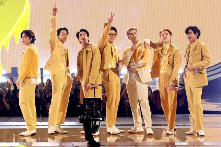 LOS ANGELES, CALIFORNIA - NOVEMBER 21: (L-R) Jimin, J-Hope, Jin, Jungkook, RM, Suga, and V of BTS pe...